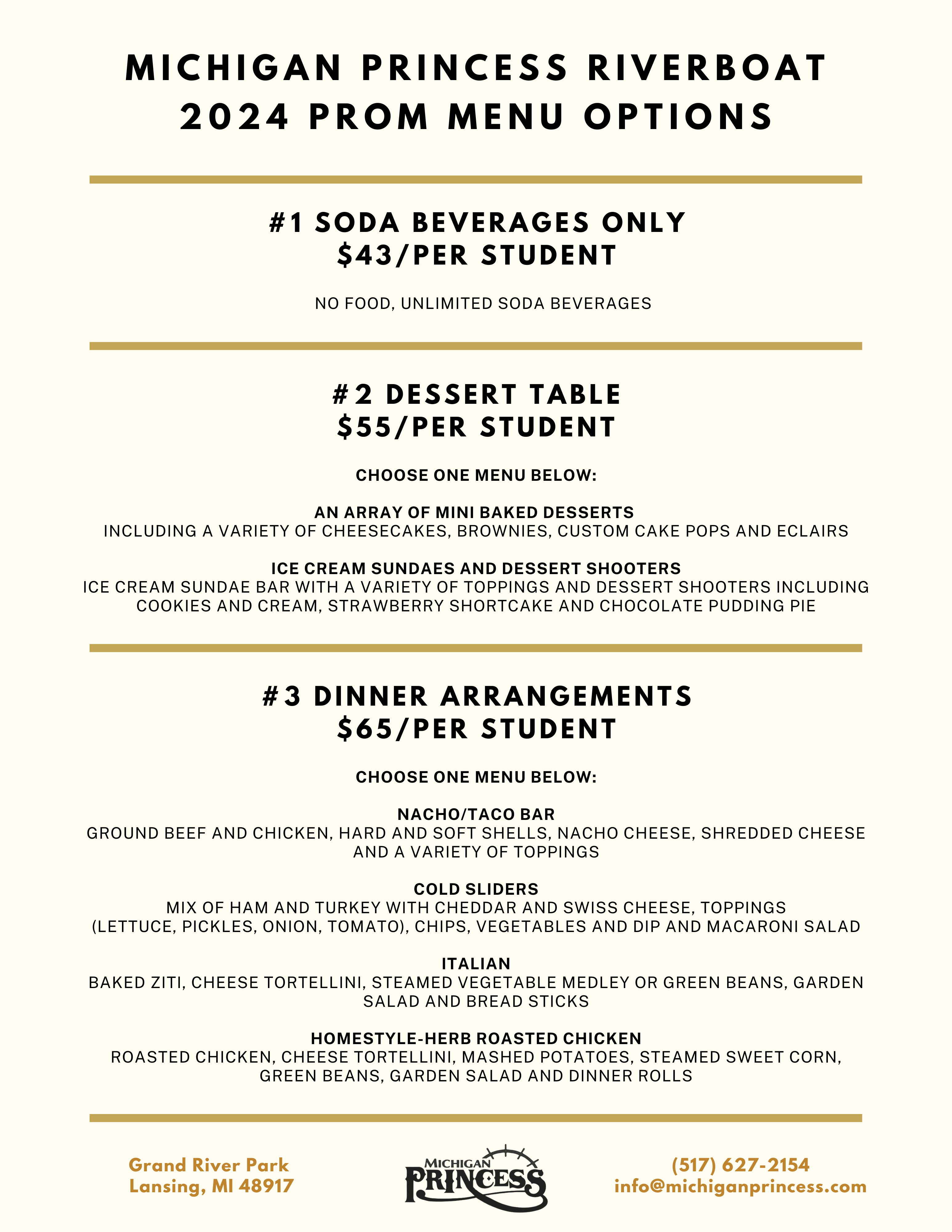 2024 Prom Menu Options from Michigan Princess Riverboat, featuring dessert and dinner arrangements.